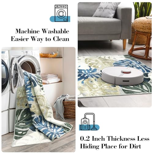 Wonnitar 2x4.3 Laundry Room Rug Runner, Tropical Leaf Non-Slip Washable Bathroom Runner, Small Low Pile Entry Mats Soft Non-Shedding Accent Carpets for Kitchen Door Entrance, Blue