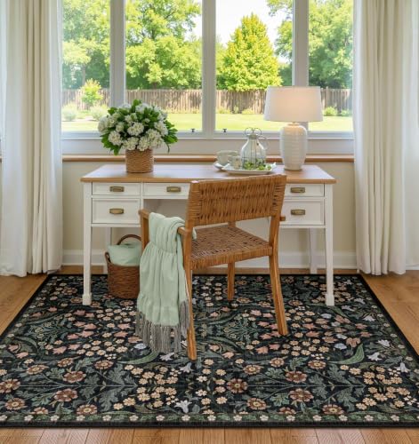 3x5 Washable Area Rug Black Boho Floral for Bedroom Entryway Office Porch