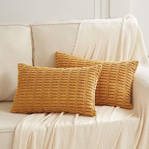 Fancy Homi Decorative Throw Pillow Covers for Bed Couch Bedroom Bench, Soft Lumbar Corduroy Solid Pillow Case, Rustic Farmhouse Boho Room Décor, 20" x 12" (Pack of 1), Mustard Yellow