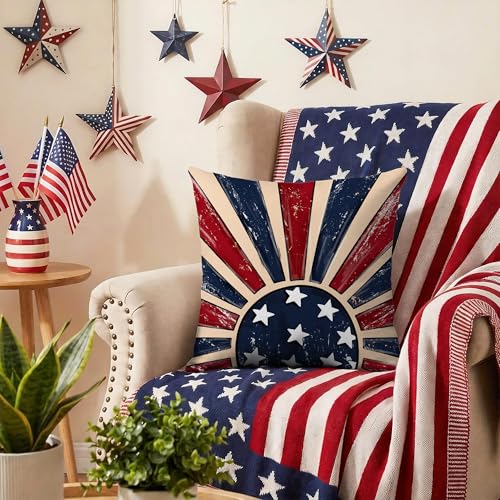 Hexagram 4th of July Pillow Covers 18x18 Patriotic Throw Pillow Covers July 4th Decorations American Flag Set of 4 Decor Star Independence Memorial Day Home Decor