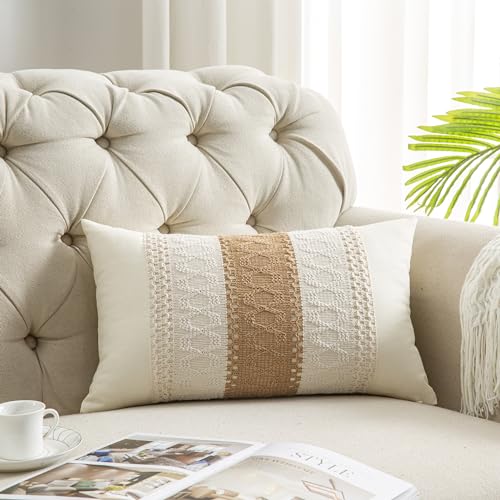 Lumbar Throw Pillow Covers 12 x 20 Inch 1PC for Farmhouse Living Room, Cotton & Burlap Textured Striped Woven Boho Pillow Covers (Beige & Brown, Single Striped)
