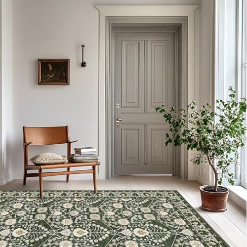 3x5 Rug Machine Washable Rugs：Boho Area Rugs Floral Rug for Living Room,TPR 3x5 Non Slip Dark Green Rugs for Under Table Carpet for Laundry Room Kids Room Dining Room