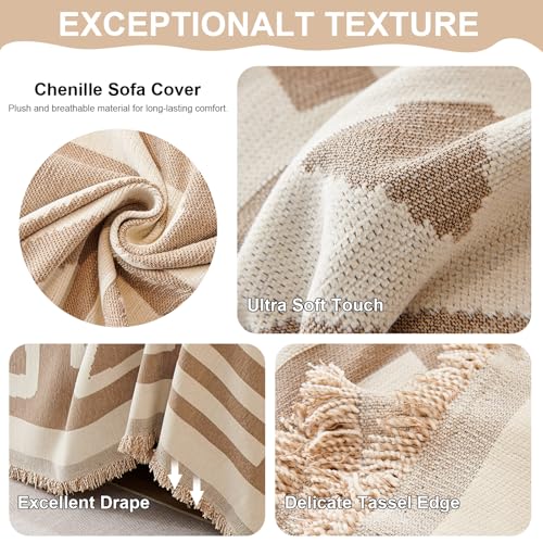 VClife Couch Cover, Boho Tribal Geometric Sofa Cover, Beige-White, 71X118 | Chenille Fabric, Soft Thick, Easy Care, Dog Western Couch Cover for 2 Cushion Couch Sofa, Multi-use Furniture Protector