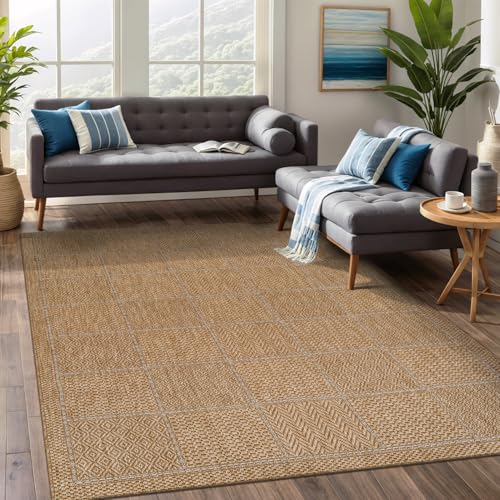 Beverly Rug Easy Jute Checkered Squared Rug 8x10 Washable Durable Indoor Outdoor Area Rugs for Living Dining Room Patio Office Stain Resistant Non Shedding Casual Indoor Outside Carpet 8 x 10 Natural