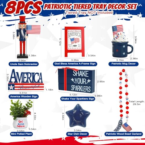 4th of July Decorations Patriotic Tiered Tray Decor Set, 8 PCS Memorial Day Fourth of July Decorations for Home Office Farmhouse Red White and Blue Tabletop Centerpieces Shelf Mantel Tray Decor Signs
