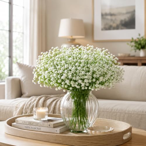 Babys Breath Artificial Flowers, 24 Pcs Fake Flowers Gypsophila Bouquet Fall Flowers Artificial for Decoration, Real Touch Silk Flower for Wedding Christmas DIY Party Home Garden Office(White)