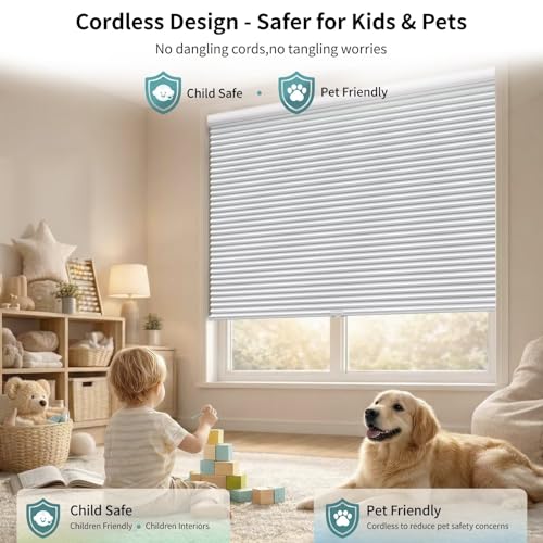 MYshade Cordless Blackout Cellular Shades for Windows, Honeycomb Window Shades with Thermal Insulation, Child & Pet Safe Room Darkening Shade, Easy Install,36" W x 72" H, White