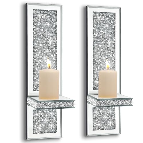 Pibeyer Crystal Crush Diamond Wall Candle Holder Set of 2, Silver Mirrored Candle Sconces, Home Wall Decoration for Living Room,Dining Room & Bedroom