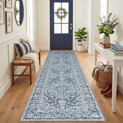 Vintage Washable Runner Rug 3x12 Wide Hallway Kitchen Rugs Blue White