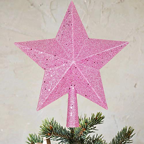 10 Inch Christmas Tree Topper, Pink Star Tree Topper Glittered Christmas Tree Decorations for Indoor Home Décor (Pink)