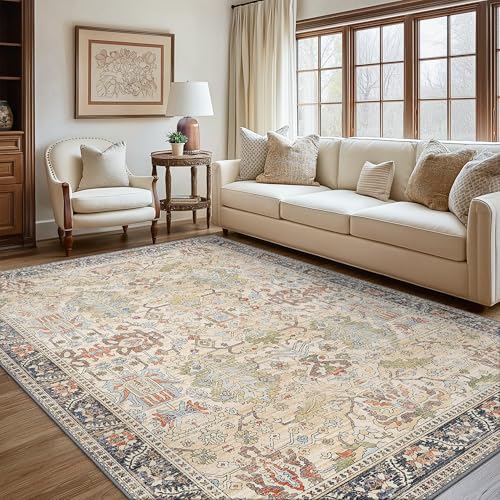 Bavni Washable Area Rugs 8'x10' Clearance for Living Room Boho Tumble Vintage Large Carpet Farmhouse Non Slip Thin Distressed Rug for Bedroom Dinning Room, Ivory Beige Blue Multi