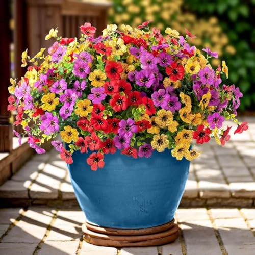 Artificial Flowers Fake Plants for Outdoors Summer Decoration, 13 Bundles Silk Realistic UV Resistant Faux Flowers for Outside Planter Porch Yard Patio Garden Home Indoor, Mix