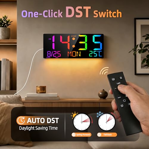 16" Large Digital Wall Clock with RGB LED Jumbo Number, Remote Control, Auto DST, Temperature,Calendar, Modern Wall Mount Digital Clock for Living Room, Classroom, Office Wall, Senior Bedroom