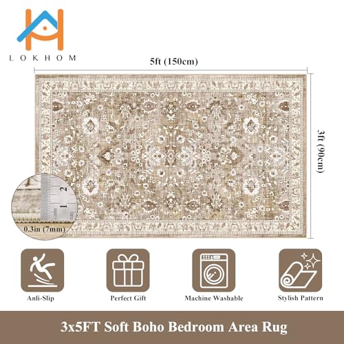 LOKHOM 3x5 Washable Area Rug, Boho Floral Non-Slip Kitchen Area Mat, Beige