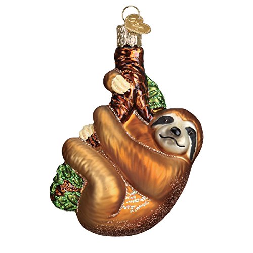 Old World Christmas Smiling Sloth Hugging Branch Glass Blown Ornament for Christmas Tree, Handcrafted Holiday Decoration, Wildlife Animal Collection