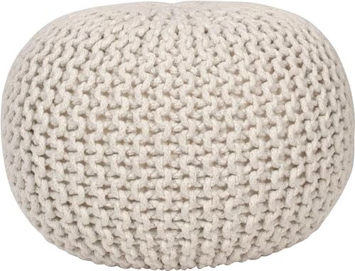 Decor Therapy Lola Round Knit Lurex Yarn and Cotton Pouf, Off-White 20x20x14