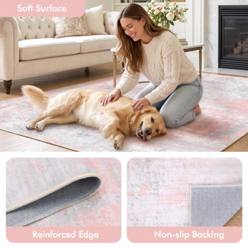 Fixwal Washable 5x7 Bedroom Area Rug, Non-Slip, Gray/Pink