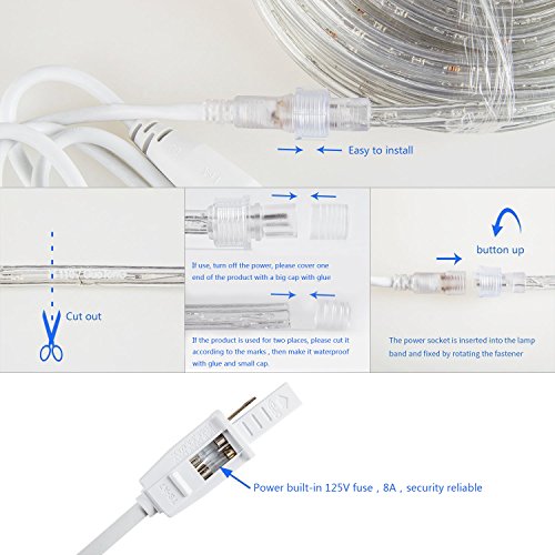 50ft/15m Plug in LED Rope Lights, 540 Daylight White LEDs, 110V, Waterproof,Connectable, Power Socket Connector Fuse Holder, Indoor/Outdoor Use, Ideal for Backyards, Decorative Lighting