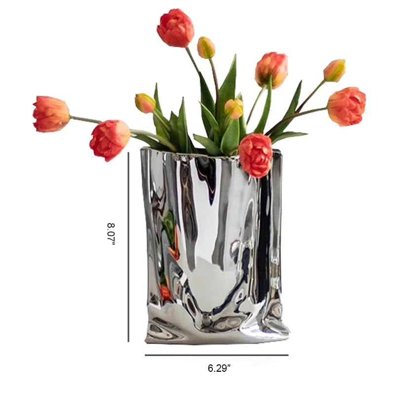 Ceramic Silver Flower Vase, Crinkle Paper Shape, Metal Decorative Home Accent (Large)