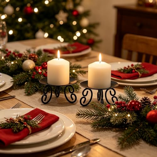 Hosley Set of 2 Black Iron Pillar Candle Holders, 5-Inch Round Candle Stands with Scroll Feet, Rustic Farmhouse Table Centerpiece Decor for Weddings, Spa, and Home