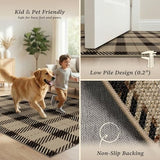 Washable Plaid Indoor Outdoor Rug 3x5 for Front Porch, Entryway, Patio, No Shed Easy Jute Non Slip TPR Backing Area Rug for Large Kitchen, Farmhouse Black & Tan Checkered Seagrass Aesthetic