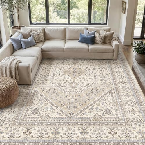 12x18 Washable Area Rug for Living Room - Non-Slip Vintage Rugs Beige Gray