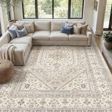 12x18 Washable Area Rug for Living Room - Non-Slip Vintage Rugs Beige Gray