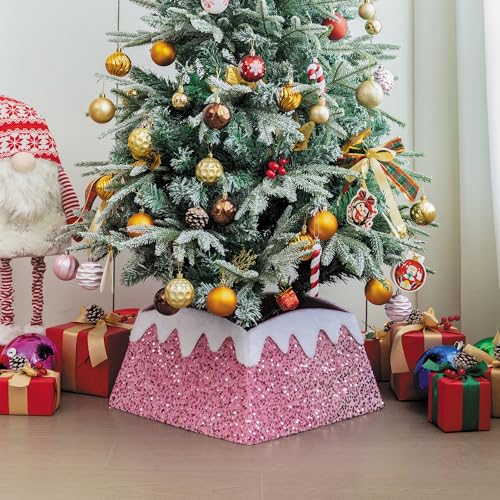 Christmas Tree Collar, 24 Inch Xmas Tree Ring Fabric Square Skirt for Artificial Trees, Snow Cover and Sequin Christmastree Box Collar,Holiday Christmas Home Decor for Decorations (HOT Pink)