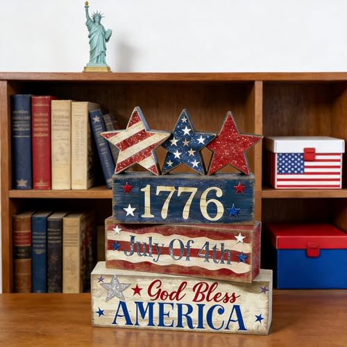 4th of July Table Decorations Patriotic Memorial Day Tiered Tray Decor Wooden Star Block Signs Independence Farmhouse 250th July Fouth Centerpiece for Tables Wooden Sign for Home Decor