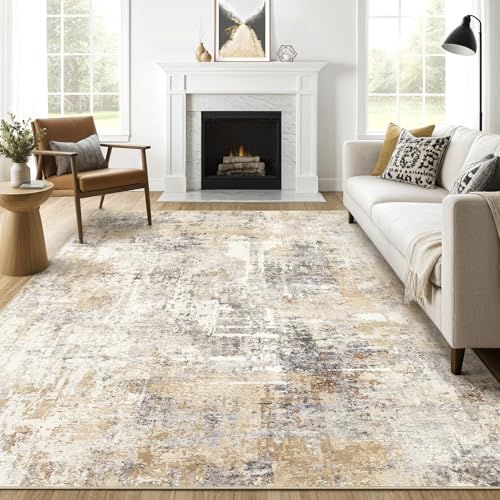 8x10 Area Rugs Living Room: Washable Large Abstract Neutral Modern Soft Rug Stain Resistant Indoor Floor Non-Slip Accent Carpet for Bedroom Nursery Playroom Dining Room Office Dorm Home- Grey Gold