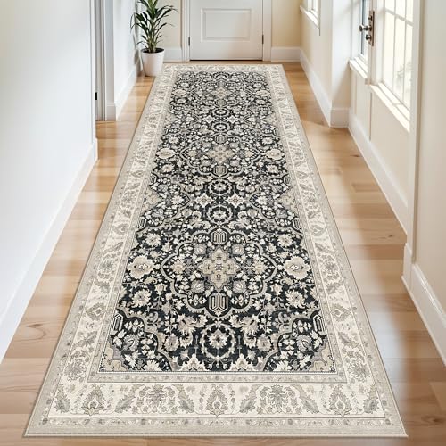 4x10 Rug Runner Non Slip: Washable Area Rugs for Wide Hallway - Soft Vintage Farmhouse Runners for Kitchen Bedroom Dining Room Living Room Entryway - Stain Resistant Low-Pile Thin Carpet Black Beige