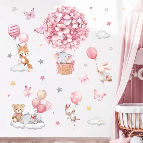 decalmile Animals Hot Air Balloon Wall Decals Flowers Balloons Elephant Bear Wall Stickers Baby Nursery Girls Bedroom Toddler Room Wall Decor