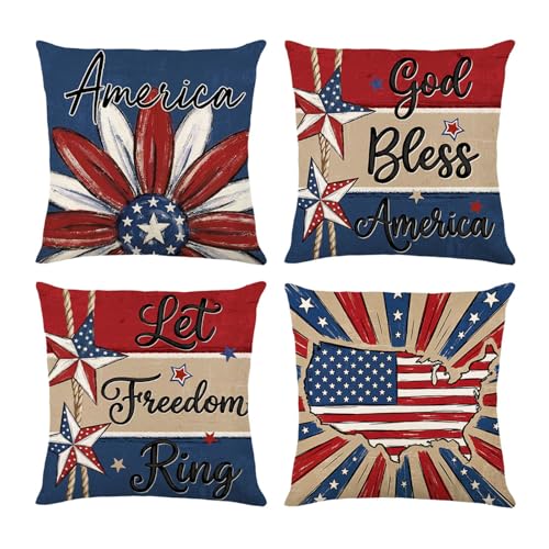 ONFAON 4th of July Freedom Throw Pillow Cover 18x18 Inch,Let Freedom Ring Stars Red White Flower Patriotic Independence Memorial Day USA Flag Cushion Case for Sofa Couch Set of 4