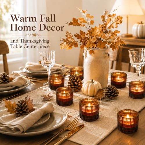 12 Pcs Amber Tealight Candle Holder Glass Votive Candle Holder| 2" x 1.4" Small Votive Candle Holders for Fall Halloween Thanksgiving Christmas Wedding Decor Table Centerpiece Party Supplies