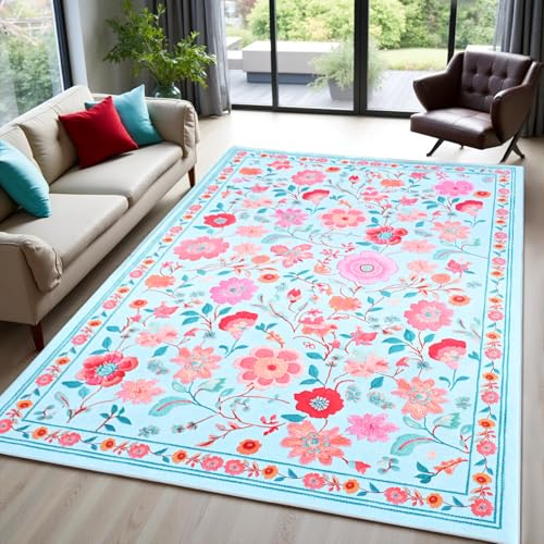 Area Rugs for Living Room 5x8 Non-Slip Carpet Washable Boho Rug Vintage Low Pile Carpet Print Home Rugs for Bedroom Kids Room Playroom Dining Room Home Office Farmhouse,Blue