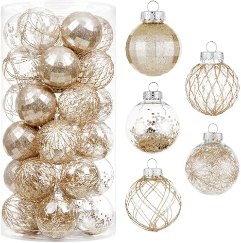 CristBest 30ct Christmas Ball Ornaments-60mm/2.36" Shatterproof Clear Plastic Xmas Balls Baubles Set with Stuffed Delicate Sparkling, Hanging Christmas Tree Decorations(Champagne Gold)