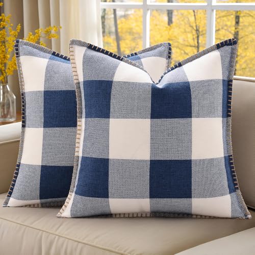 decorUhome Fall Buffalo Plaid Check Throw Pillow Covers 18x18 Set of 2 Outdoor Linen Decorative Farmhouse Gingham Coastal Pillow Covers with Stitched Edge for Bed Couch Sofa, Navy Blue and White