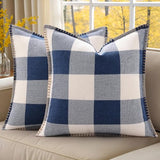 decorUhome Fall Buffalo Plaid Check Throw Pillow Covers 18x18 Set of 2 Outdoor Linen Decorative Farmhouse Gingham Coastal Pillow Covers with Stitched Edge for Bed Couch Sofa, Navy Blue and White