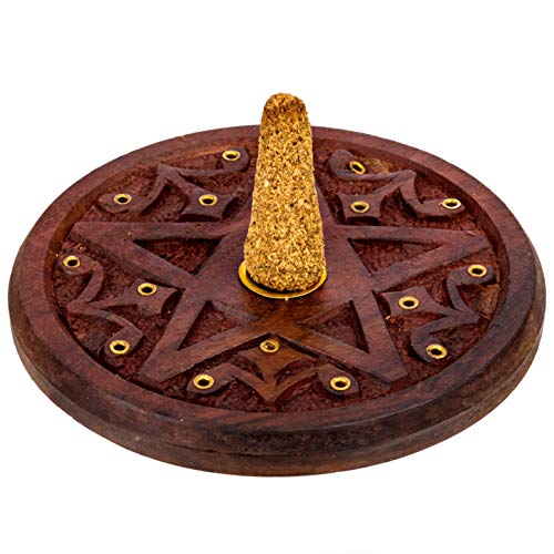 Pentagram Incense Holder - Handcrafted Incense Burner fits 15 Incense Sticks and 1 Incense Cone - Carved Wood, Brass Holders - 5 Inches Wide