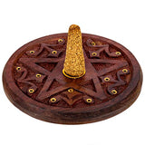 Pentagram Incense Holder - Handcrafted Incense Burner fits 15 Incense Sticks and 1 Incense Cone - Carved Wood, Brass Holders - 5 Inches Wide