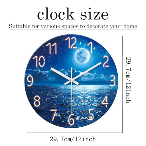 XFM Blue Moon Wall Clock 12 Inch Modern Wall Clocks Battery Operated Silent Non Ticking Decorative Round Analog Clock for Living Room Bedroom Kitchen