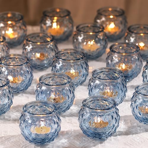 48 Pcs Blue Round Candle Holders Bulk Glass Candle Holders