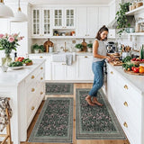 Kitchen Rugs 3 Piece Set, Washable Non-Slip Farmhouse Kitchen Mats for Hardwood Floor, Rustic Floral Boho Runner Rug for Sink,Entryway & Hallway & Bathroom (Dark/Green/Floral,2x3-2x4-2x5)
