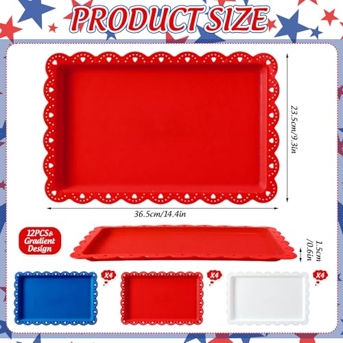 AnyDesign 12Pcs Patriotic Plastic Serving Tray Red Blue White Rectangle Serving Dish 4th of July Dessert Display Tray Platter with Wavy Edge for Independence Day 250th Anniversary Table Decor