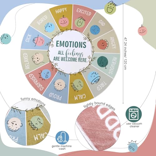 4ft Boho Feelings Chart Rug Feelings Chart Wheel Round Mat Calm Corner Classroom Rug Emotion Reading Soft Fluffy Mental Health Carpet Circle Sensory Mat for Bedroom School Living Playroom