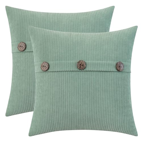 HWY 50 Sage Green Chenille Throw Pillow Covers 22x22 Inch Buttons Pack of 2