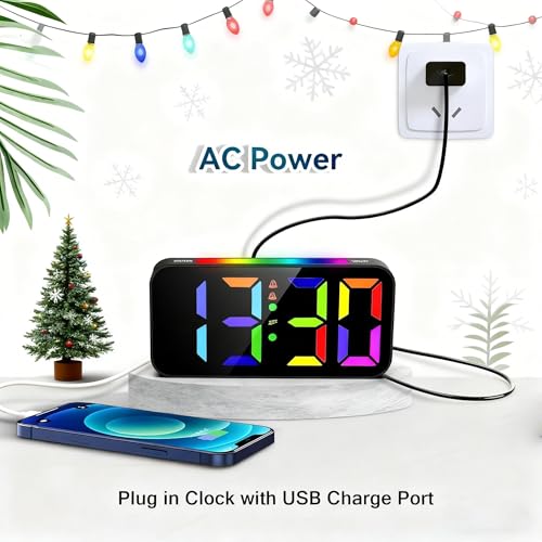 Topski Loud Alarm Clocks for Bedrooms Heavy Sleepers, Plug-in Digital Bedside Clock with RGB Night Light, Large Display, Dual Alarm, Snooze, Dimmable, 3 Volumes