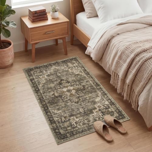 GarveeHome Washable Rug 2x3 Vintage Small Entryway Rugs Olive Green