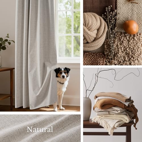 NICETOWN 100% Blackout Linen Curtains for Bedroom, W52 x L90 per Panel, Thermal Insulated & Privacy Living Room Curtains with Grey Liner, Linen Blend Draperies Farmhouse Style, 2 Panels, Natural