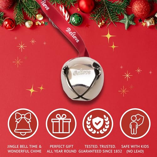 Bevin Bells Believe Sleigh Bells Ornament (3-Pack) | 1.5" Made of Steel | Hanging Bells with a Red Satin Believe Ribbon & Red Velvet Bag | Great Tone | Xmas Gift or Stocking Stuffer | Made in USA